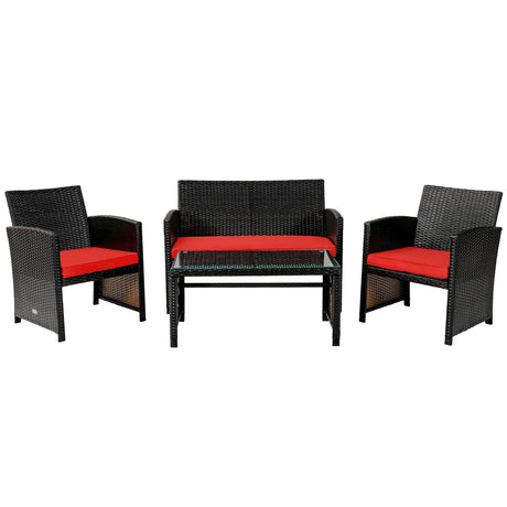 Juego de muebles de patio de ratán acolchado de 4 piezas con mesa de centro - Negro
