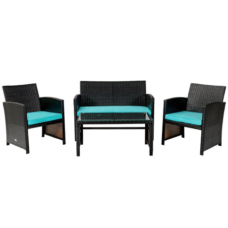 Juego de muebles de patio de ratán acolchado de 4 piezas con mesa de centro - Negro