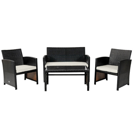 Juego de muebles de patio de ratán acolchado de 4 piezas con mesa de centro - Negro