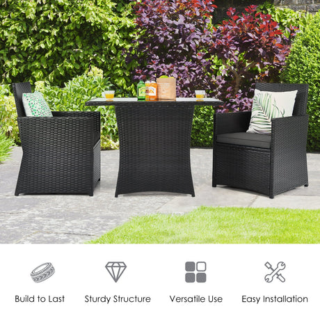 Conjunto de muebles de ratán para patio de 3 piezas con cojín y reposabrazos de sofá