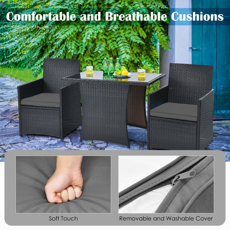 Conjunto de muebles de ratán para patio de 3 piezas con cojín y reposabrazos de sofá