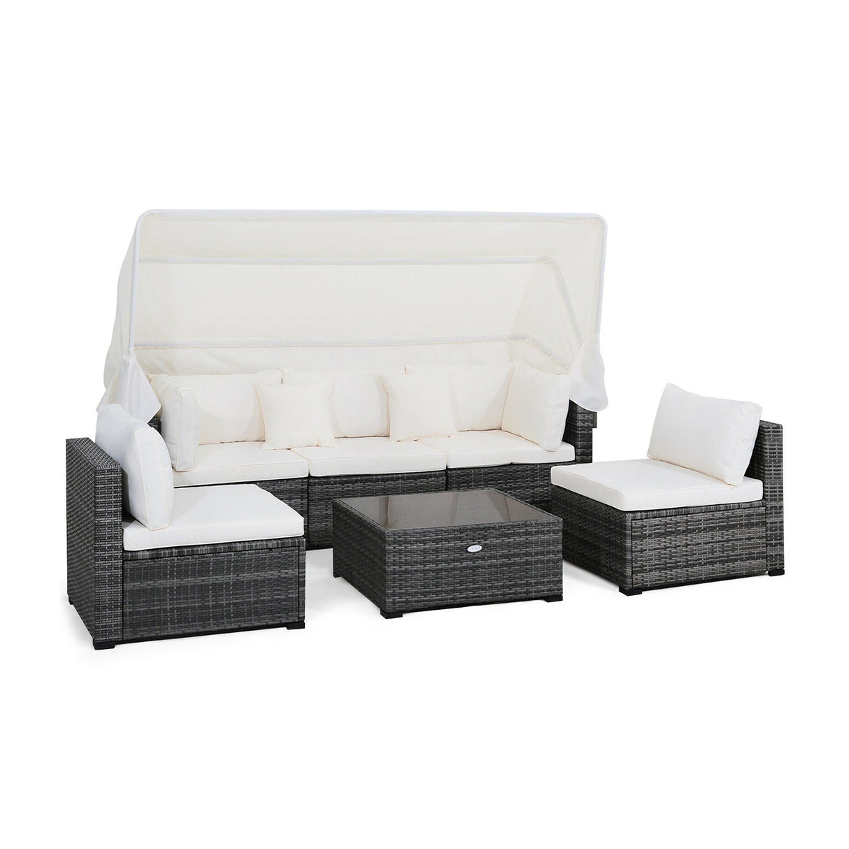 Juego de muebles de patio de ratán de 6 piezas con toldo retráctil