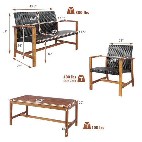 Juego de muebles de patio de ratán PE de 4 piezas con madera maciza de acacia