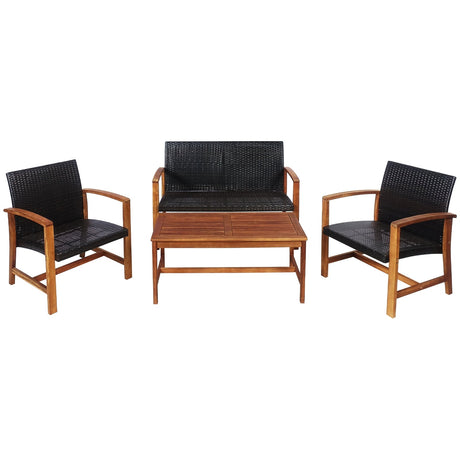 Juego de muebles de patio de ratán PE de 4 piezas con madera maciza de acacia