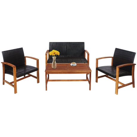 Juego de muebles de patio de ratán PE de 4 piezas con madera maciza de acacia