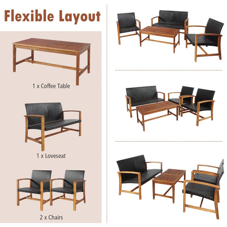 Juego de muebles de patio de ratán PE de 4 piezas con madera maciza de acacia