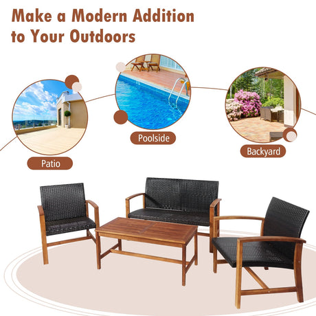 Juego de muebles de patio de ratán PE de 4 piezas con madera maciza de acacia