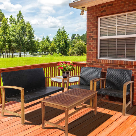 Juego de muebles de patio de ratán PE de 4 piezas con madera maciza de acacia