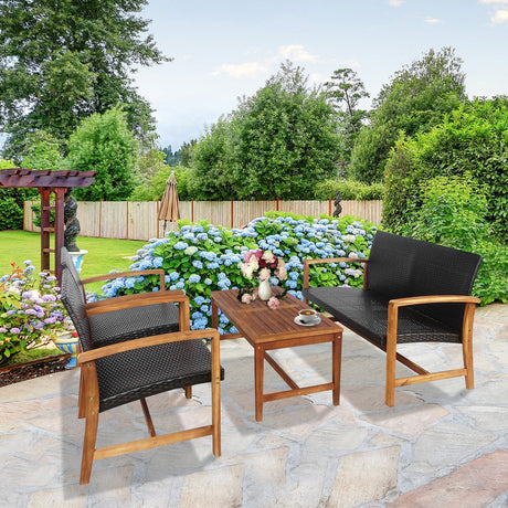 Juego de muebles de patio de ratán PE de 4 piezas con madera maciza de acacia