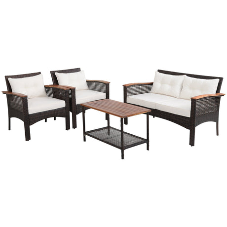 Juego de Muebles de Patio de Ratán de Madera de Acacia de 4 Piezas con Cojines y Reposabrazos