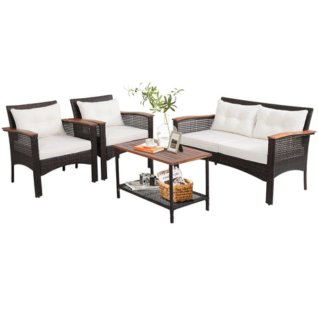 Juego de Muebles de Patio de Ratán de Madera de Acacia de 4 Piezas con Cojines y Reposabrazos