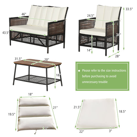 Juego de muebles de patio de ratán de 4 piezas con mesa de centro de 2 niveles - Blanco