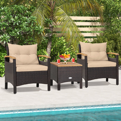 Juego de muebles de patio de ratán de 3 piezas con cojín extraíble