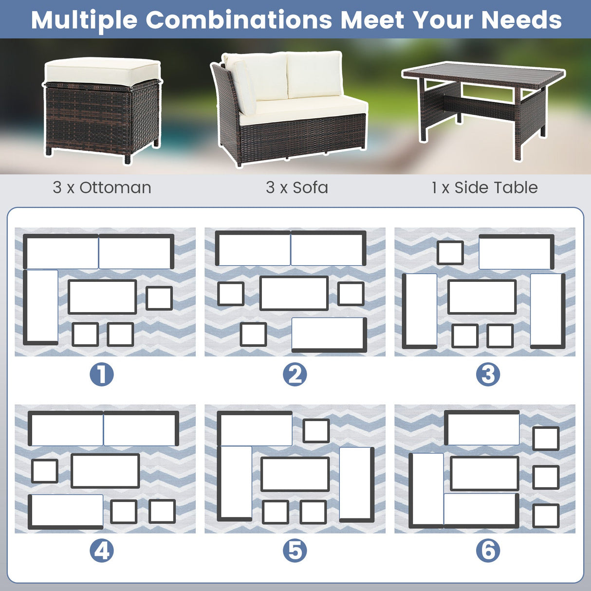 Juego de muebles de patio de mimbre de 7 piezas - Blanco