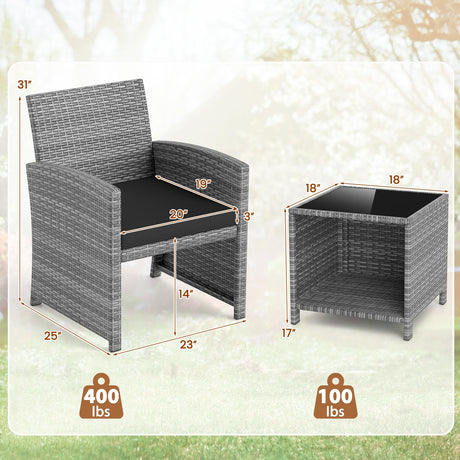Juego de muebles de patio de 3 piezas con mesa de centro de vidrio templado y cojines de asiento blandos
