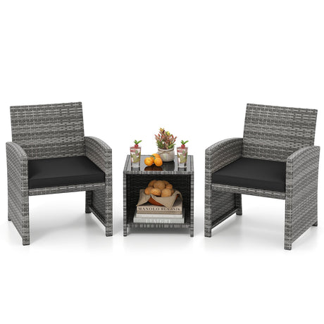 Juego de muebles de patio de 3 piezas con mesa de centro de vidrio templado y cojines de asiento blandos