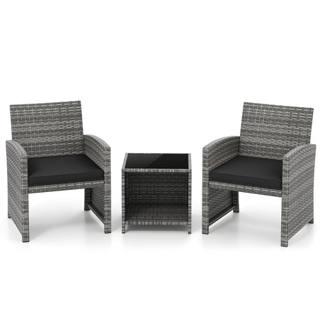 Juego de muebles de patio de 3 piezas con mesa de centro de vidrio templado y cojines de asiento blandos