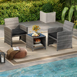 Juego de muebles de patio de 3 piezas con mesa de centro de vidrio templado y cojines de asiento blandos