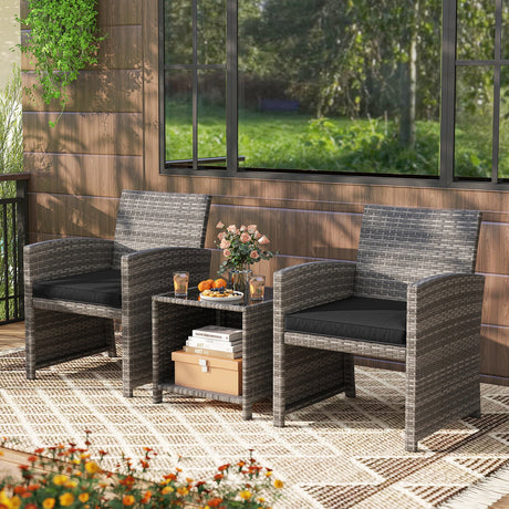 Juego de muebles de patio de 3 piezas con mesa de centro de vidrio templado y cojines de asiento blandos