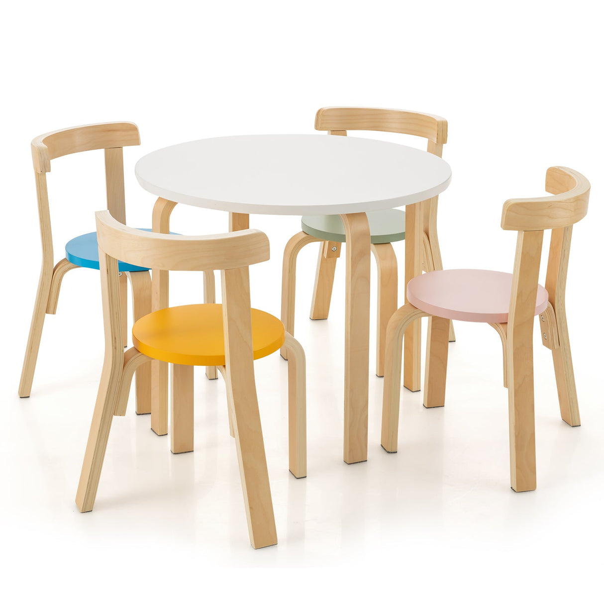 Juego de mesa y 4 sillas de madera para niños con respaldo curvado