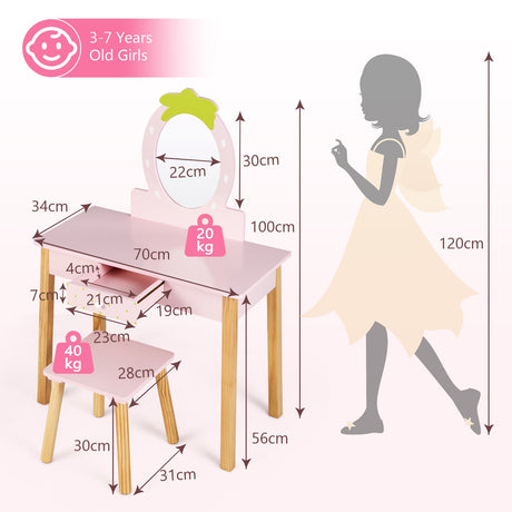 Juego de Tocador y Taburete 2 en 1 para Niños con Espejo - Rosa