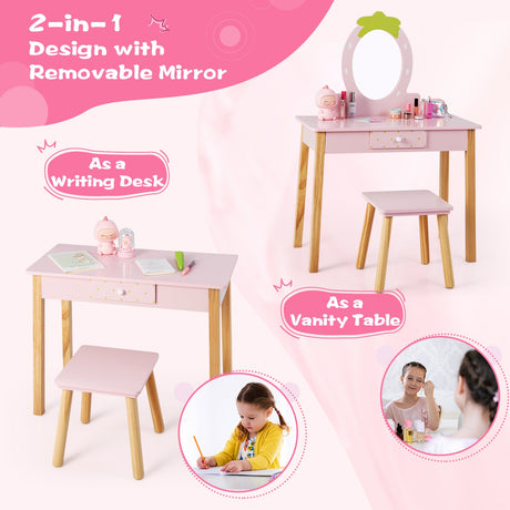 Juego de Tocador y Taburete 2 en 1 para Niños con Espejo - Rosa