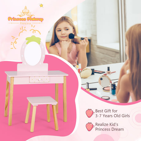 Juego de Tocador y Taburete 2 en 1 para Niños con Espejo - Rosa