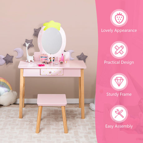 Juego de Tocador y Taburete 2 en 1 para Niños con Espejo - Rosa