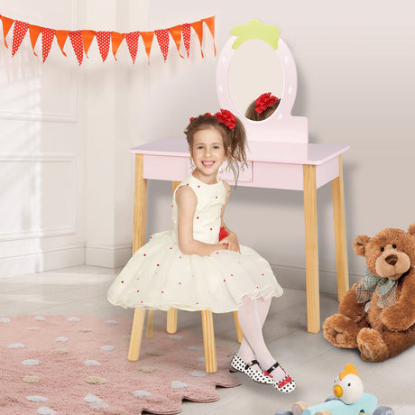 Juego de Tocador y Taburete 2 en 1 para Niños con Espejo - Rosa