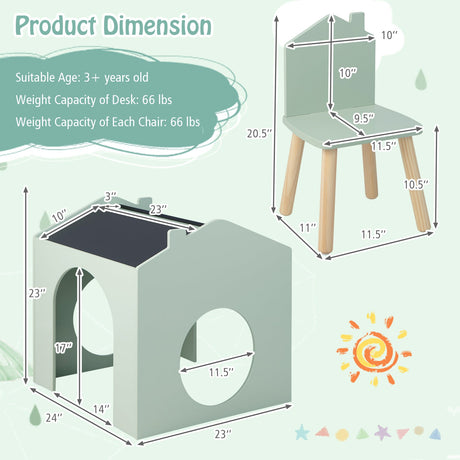 Juego de mesa y 2 sillas de madera para niños - Verde