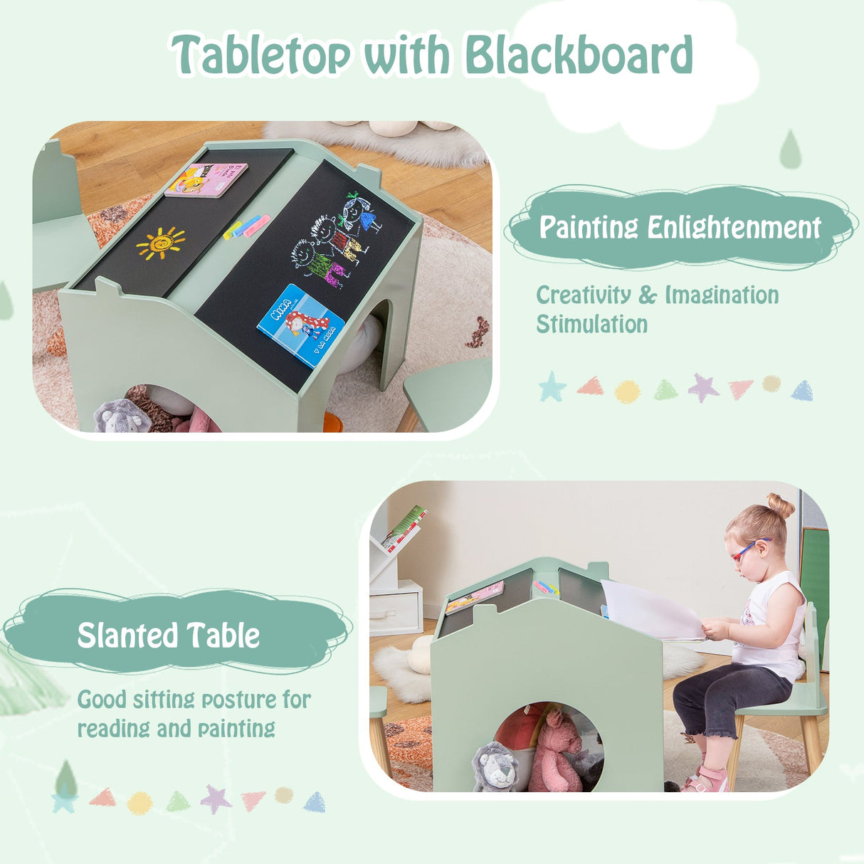 Juego de mesa y 2 sillas de madera para niños - Verde