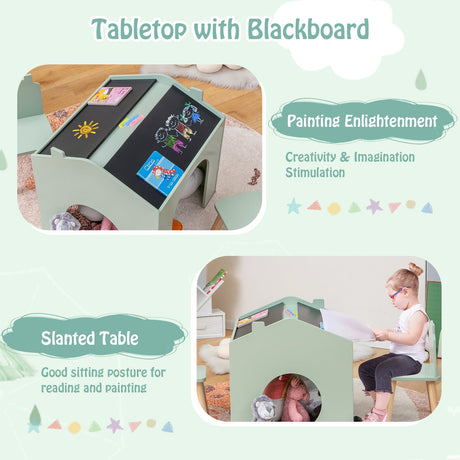 Juego de mesa y 2 sillas de madera para niños - Verde