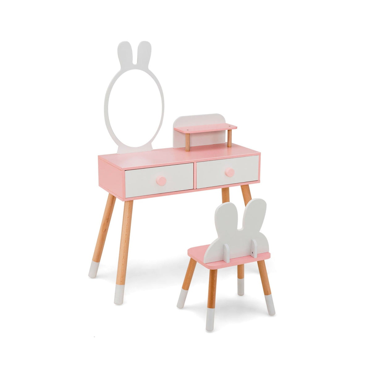 Kids Vanity Table and Chair Set with Drawer Shelf and Rabbit Mirror