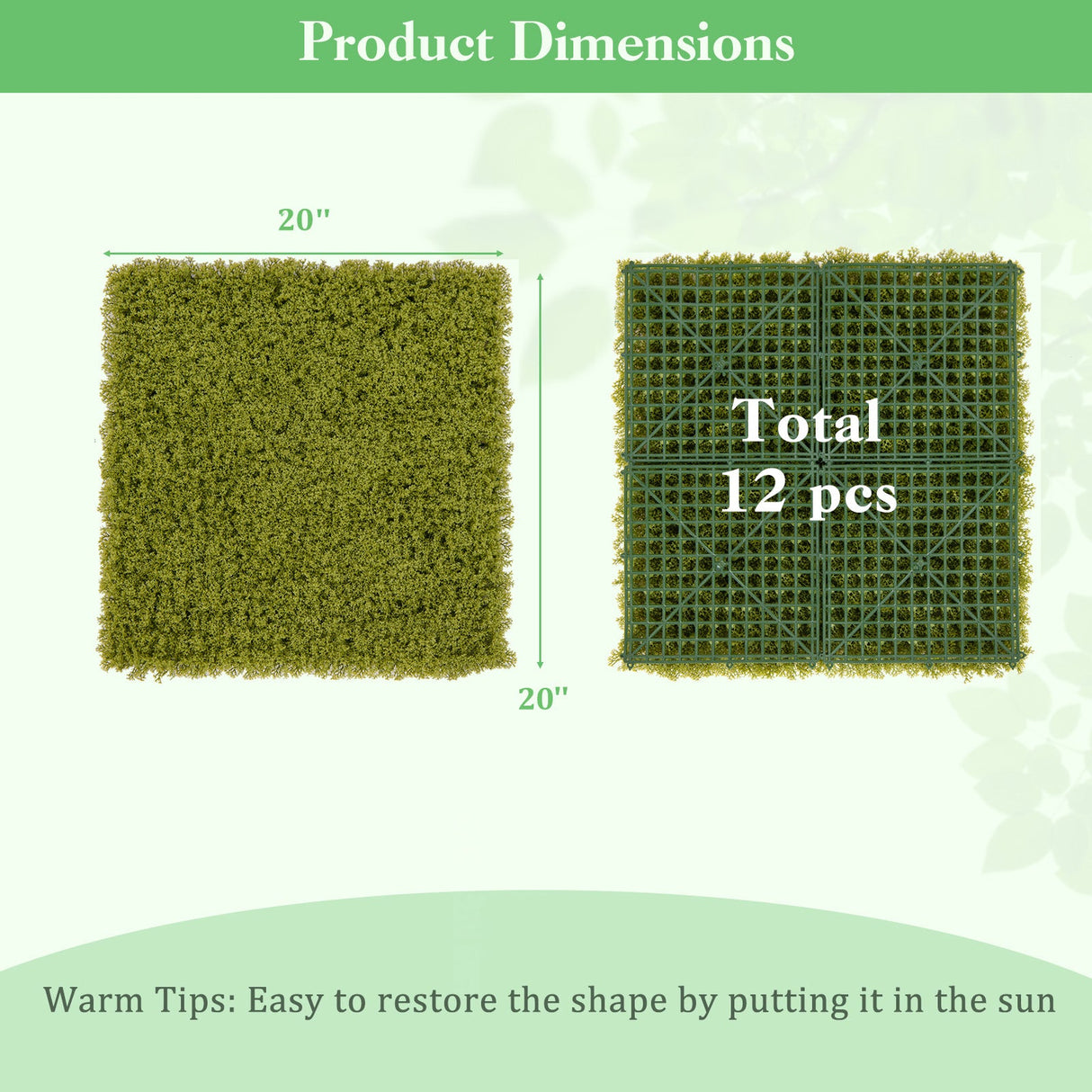 12 paneles de pared de césped artificial de 20 x 20 pulgadas para jardín, patio o balcón