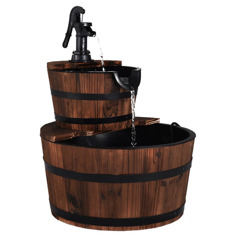 Fuente de cascada de barril de madera para exteriores de 2 niveles con bomba