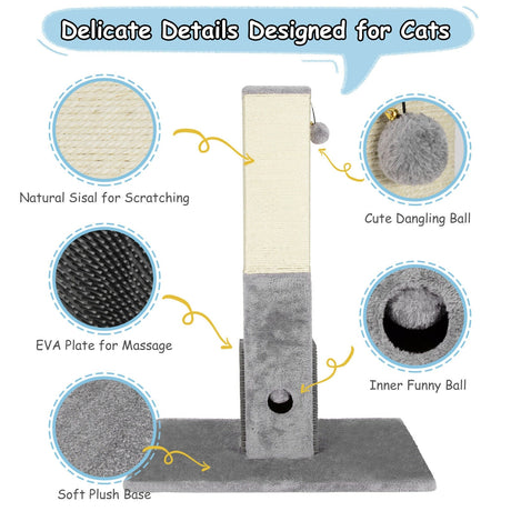 Rascador para gatos de 31 pulgadas de alto con cuerda de sisal y 2 pelotas de felpa - Gris