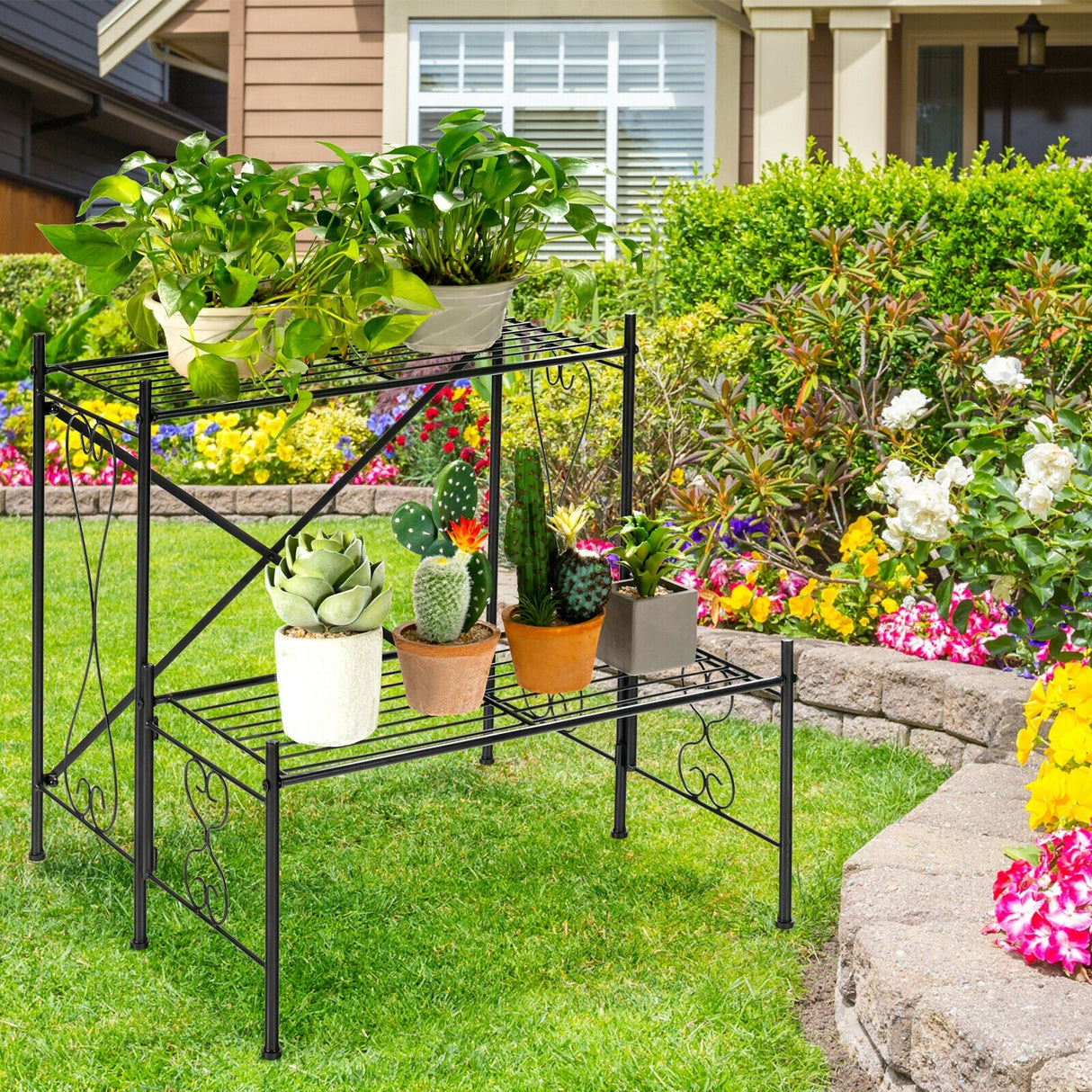 Estantería metálica de 2 niveles para plantas de jardín