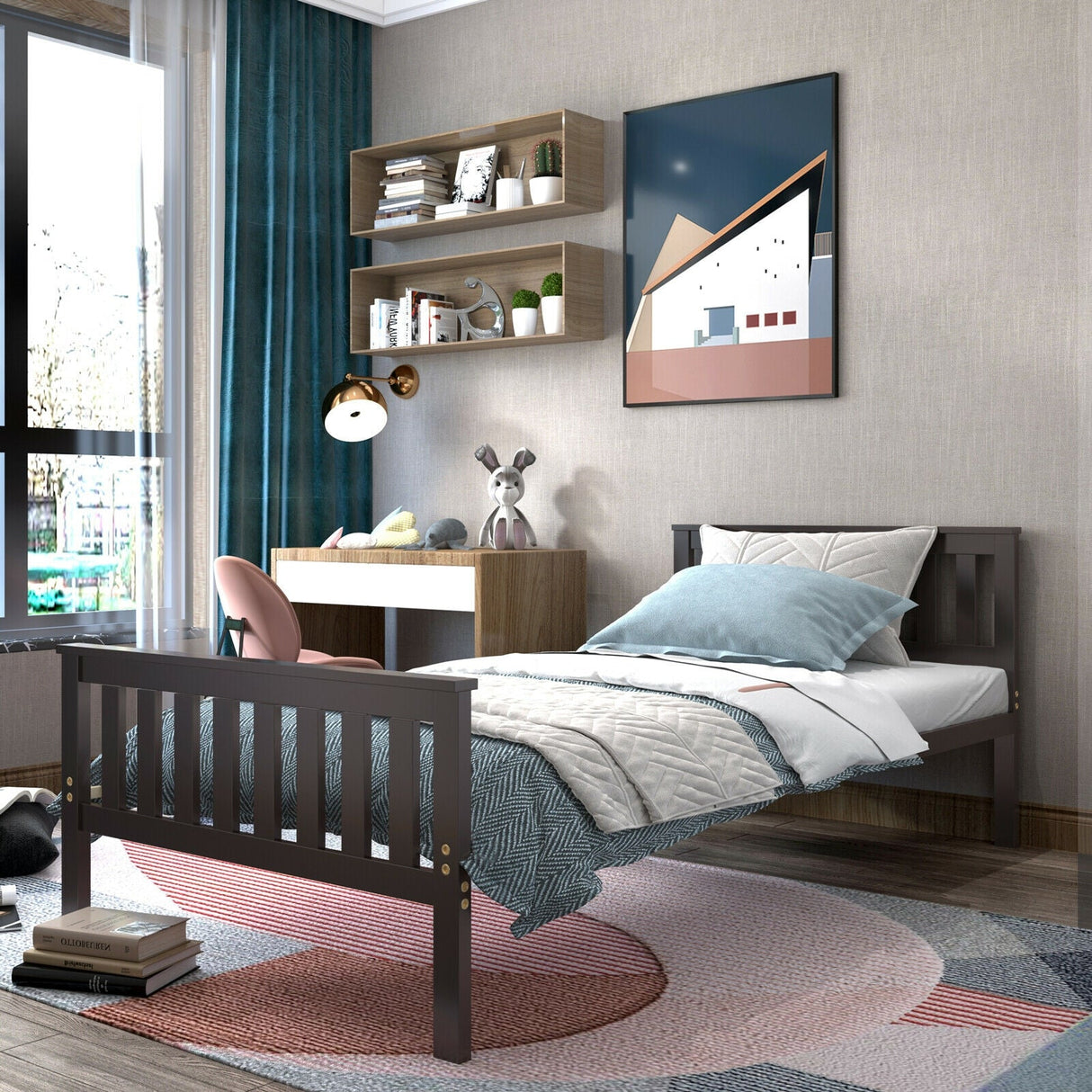 Base de cama individual de madera con cabecero