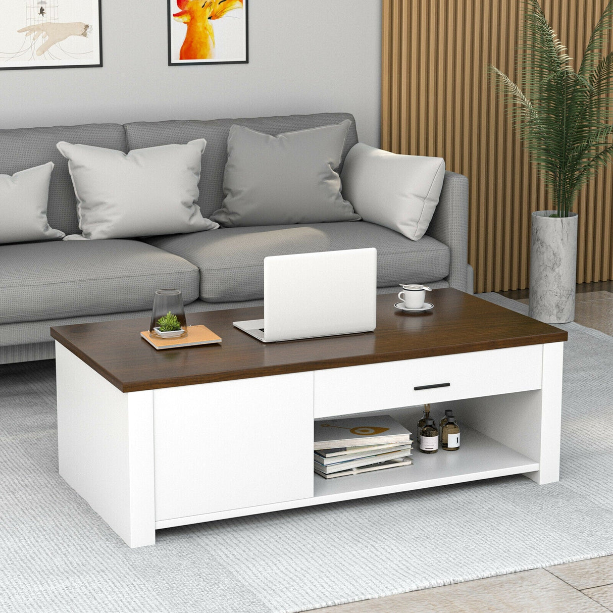 Mesa de centro moderna con cajones frontales y traseros y compartimentos para sala de estar