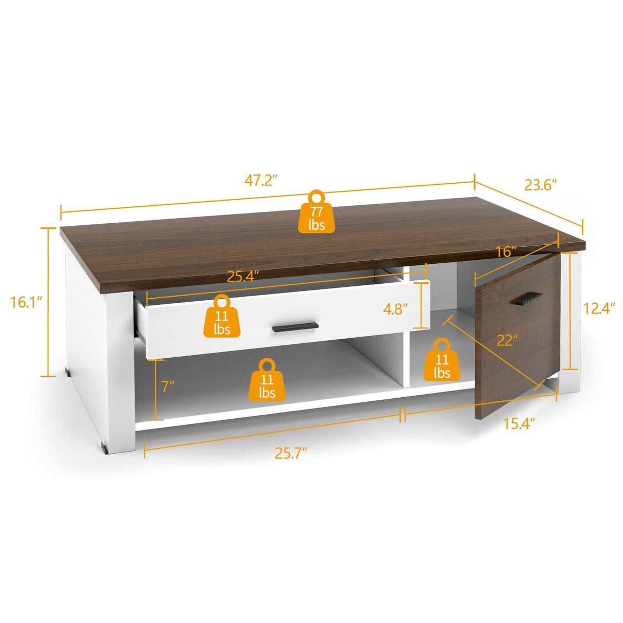 Mesa de centro moderna con cajones frontales y traseros y compartimentos para sala de estar
