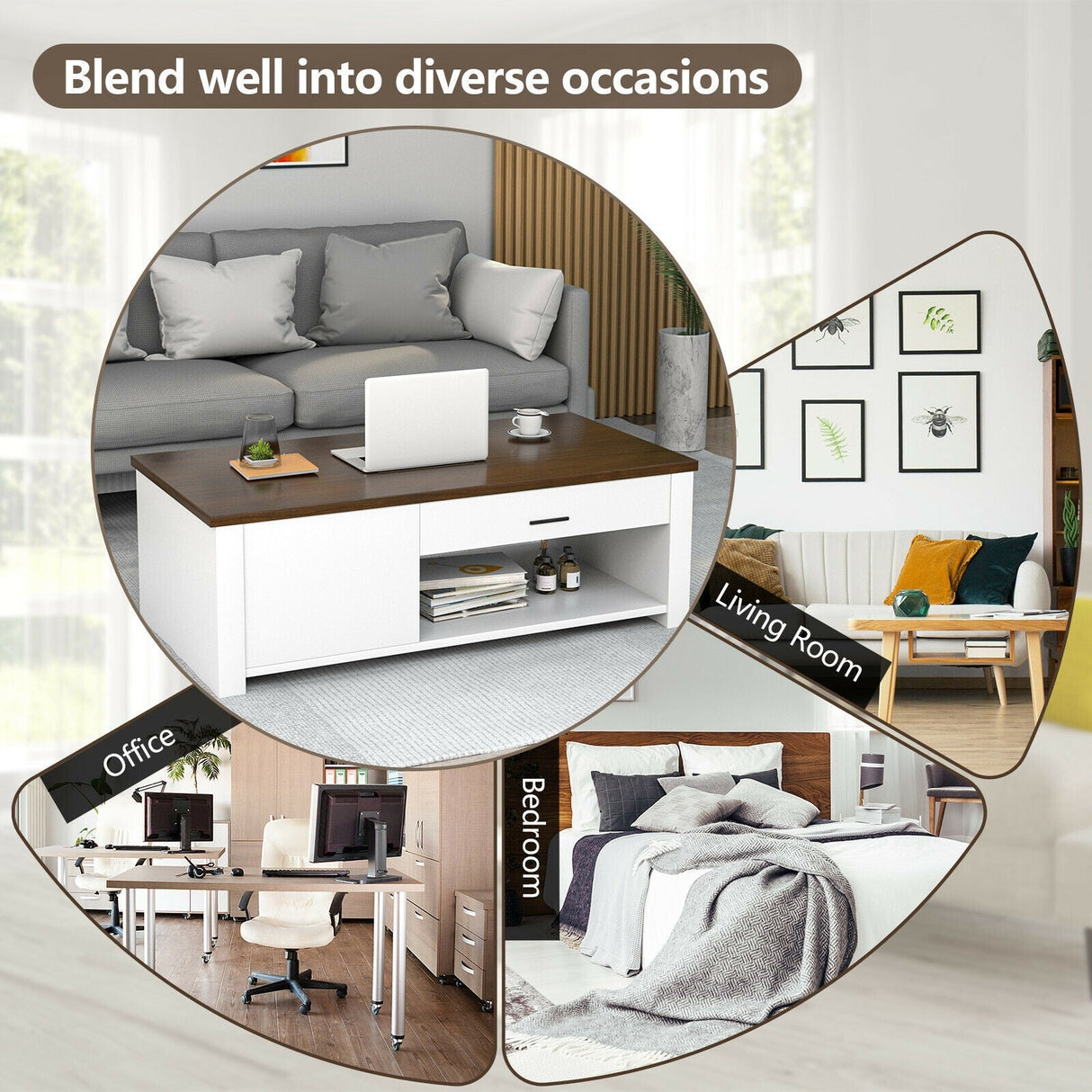 Mesa de centro moderna con cajones frontales y traseros y compartimentos para sala de estar