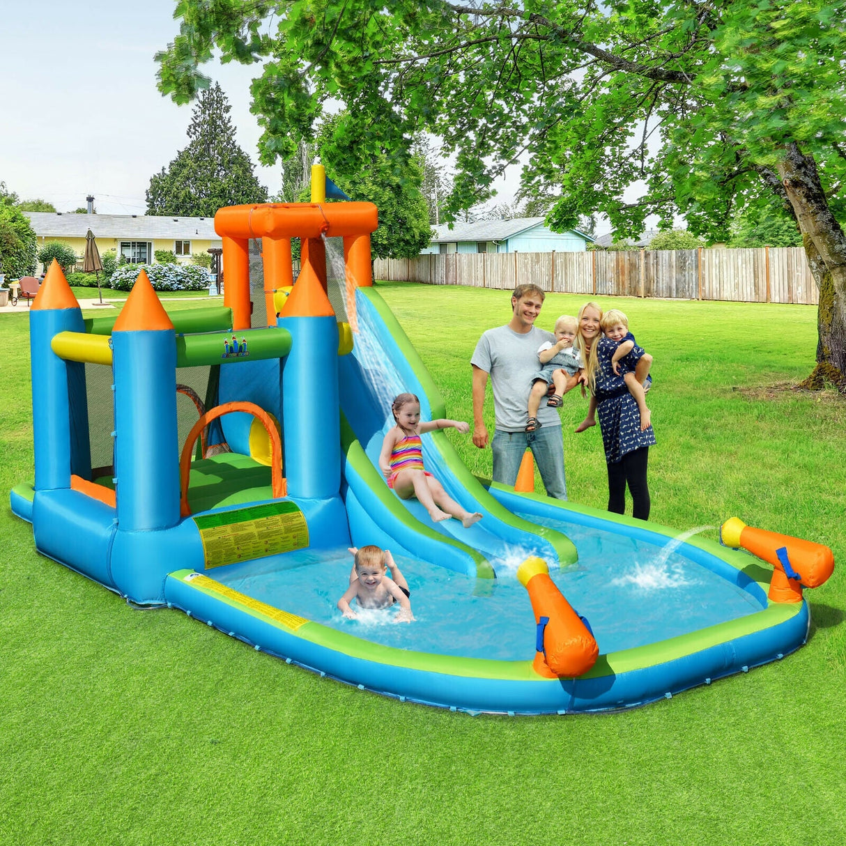 Tobogán de agua inflable para niños, piscina de chapoteo con soplador de 735 W
