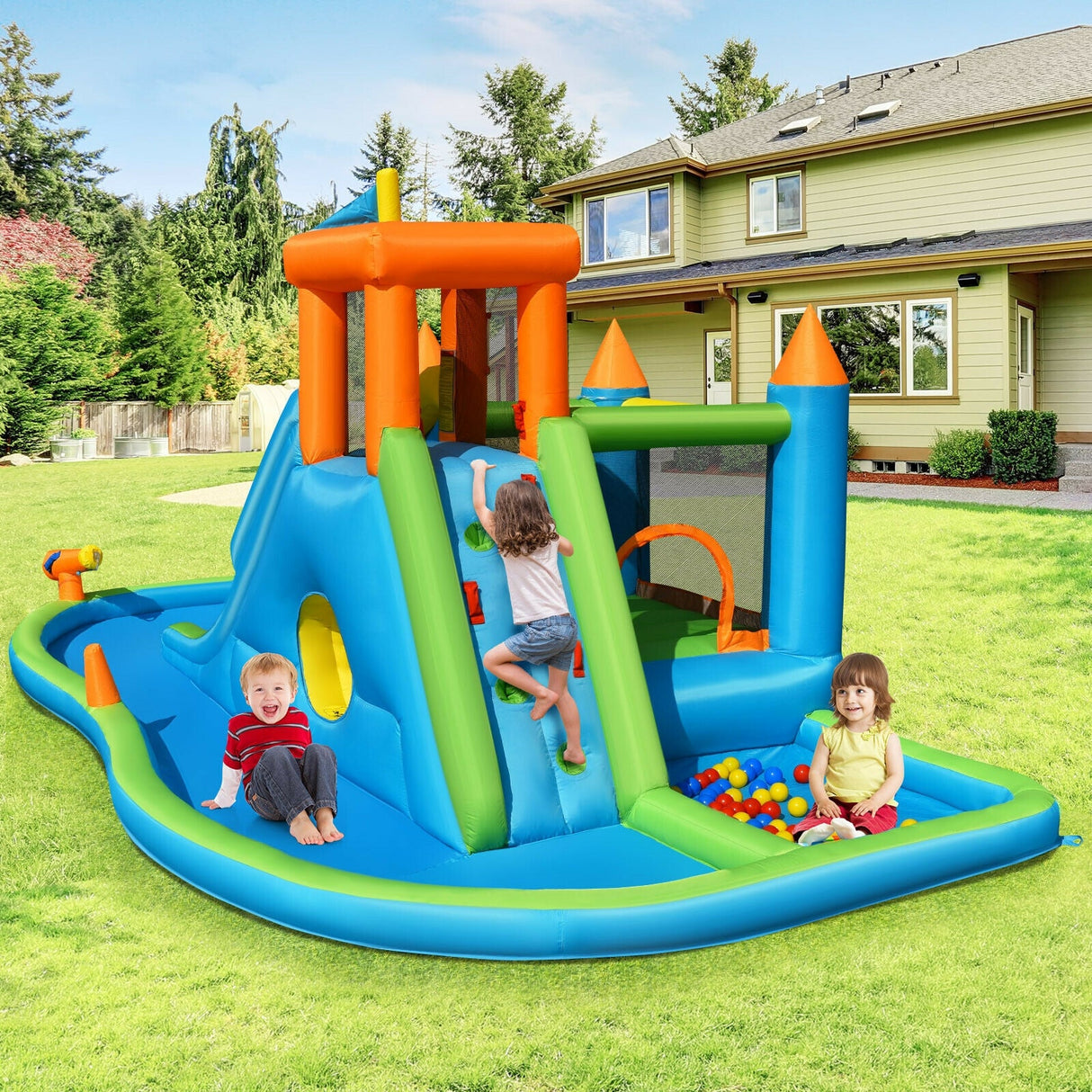 Tobogán de agua inflable para niños, piscina de chapoteo con soplador de 735 W