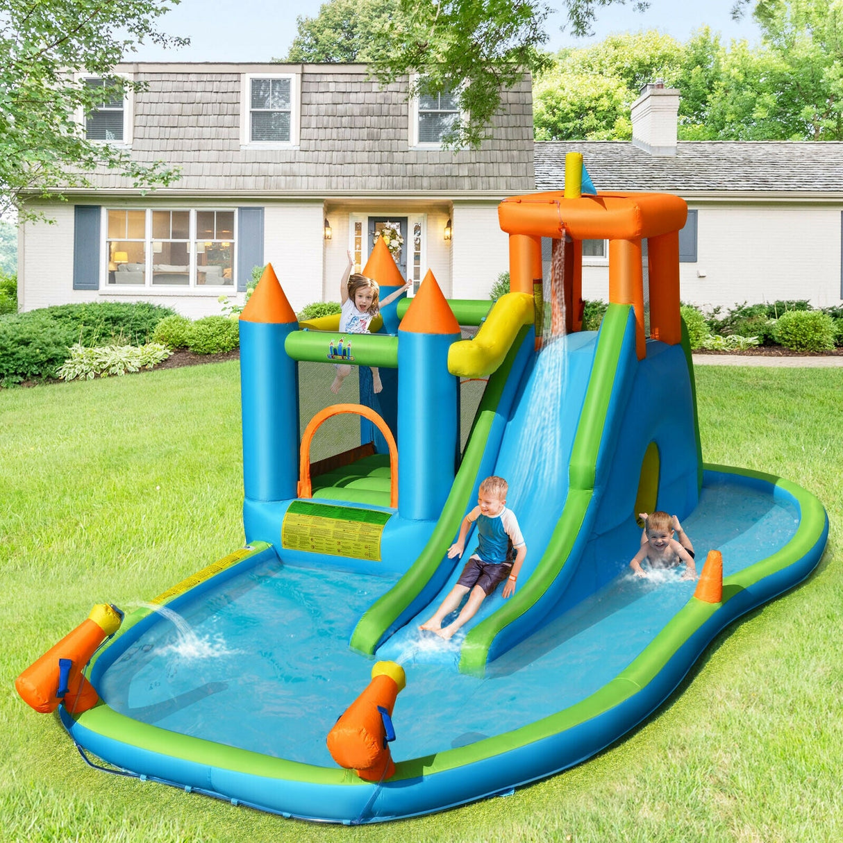 Tobogán de agua inflable para niños, piscina de chapoteo con soplador de 735 W
