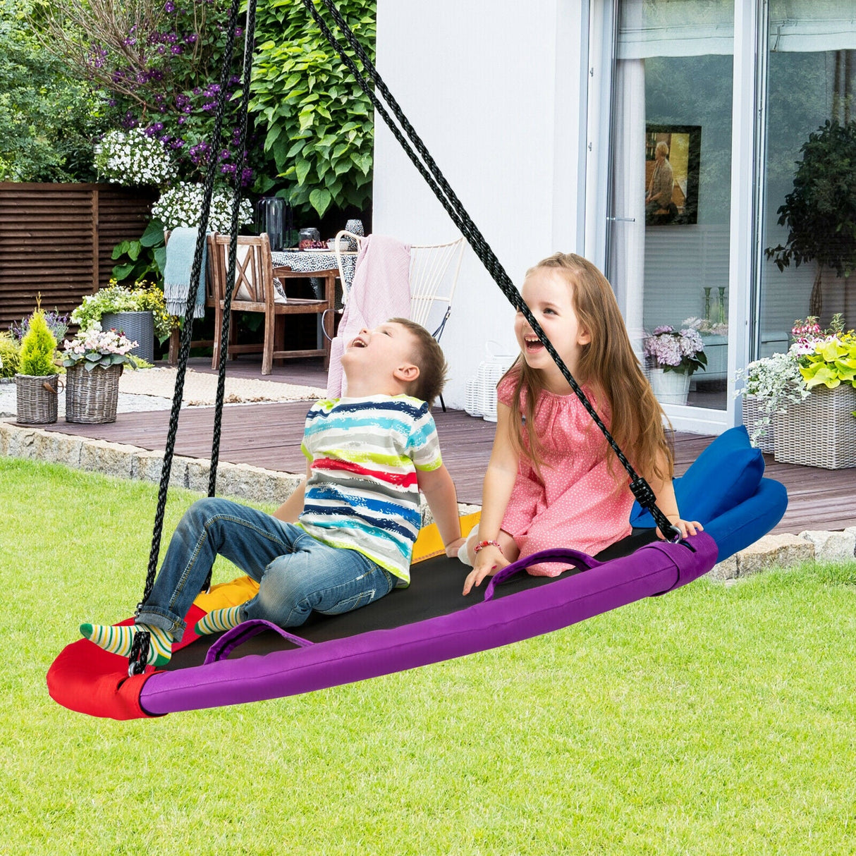 Columpio de Plataforma Redonda para Exteriores, de 40 pulgadas, con Almohada y Asa - Multicolor