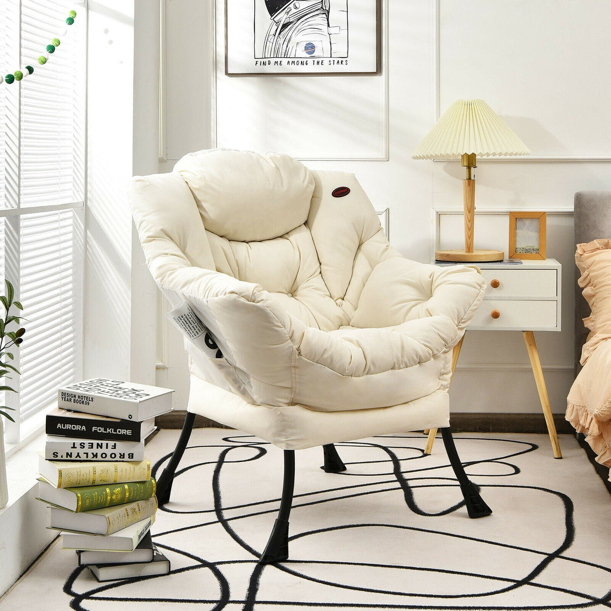 Sillón perezoso moderno de tela de poliéster con estructura de acero y bolsillo lateral