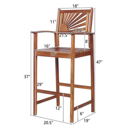 2 sillas de bar de madera de acacia para exterior con respaldo de girasol y reposabrazos