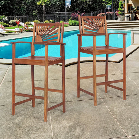 2 sillas de bar de madera de acacia para exterior con respaldo de girasol y reposabrazos