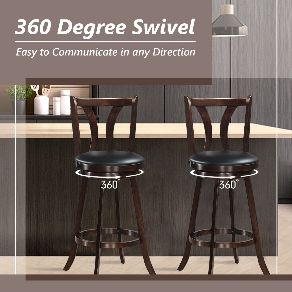 Juego de 2 taburetes giratorios de bar de 24 pulgadas de altura de mostrador, sillas de cocina y comedor con asiento de cuero acolchado