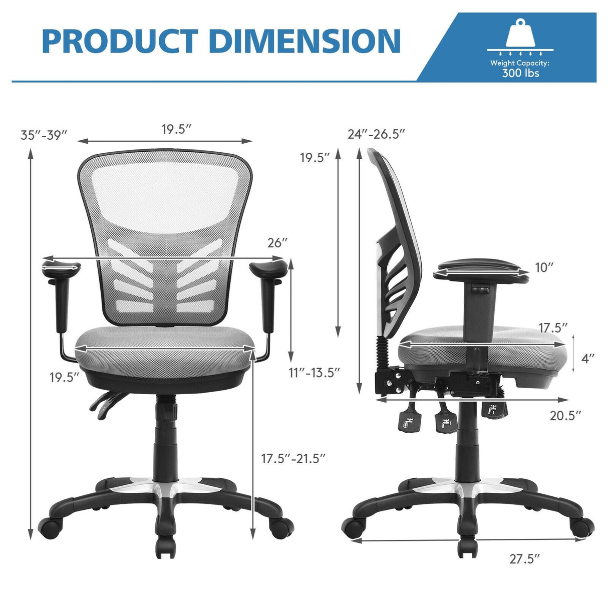 Silla de oficina ergonómica de malla con altura de respaldo y reposabrazos ajustables